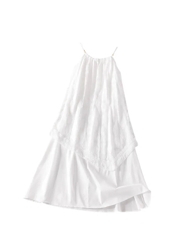 Bohe vestido branco irregular emenda oco gancho flor cinta de espaguete vestido feminino elegante borla verão praia férias vestido