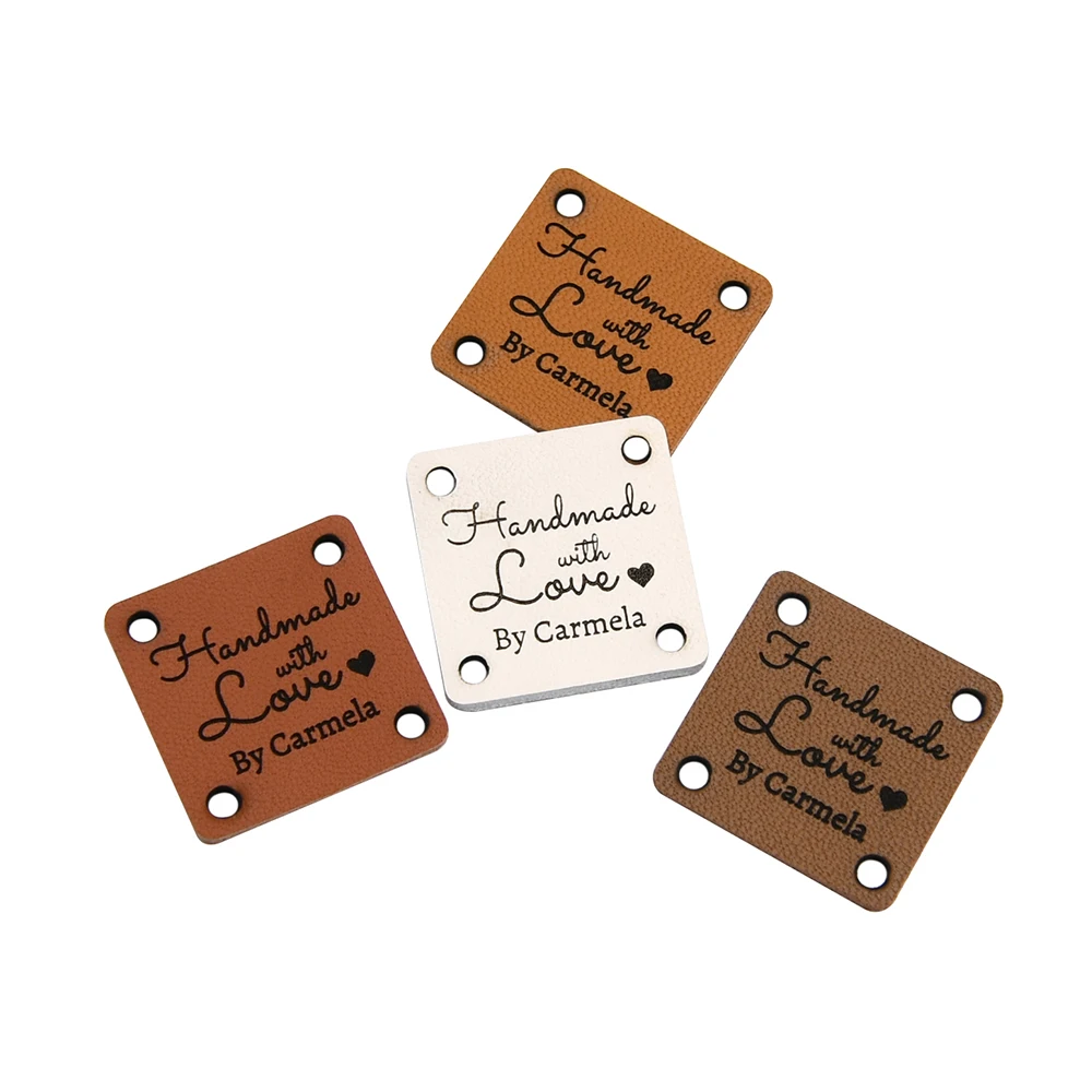 Leather Labels, Sewing Tags, Genuine Leather Knitting Labels, Tags For Handmade, Square 1x1 Inches, Laser Engraved, D575