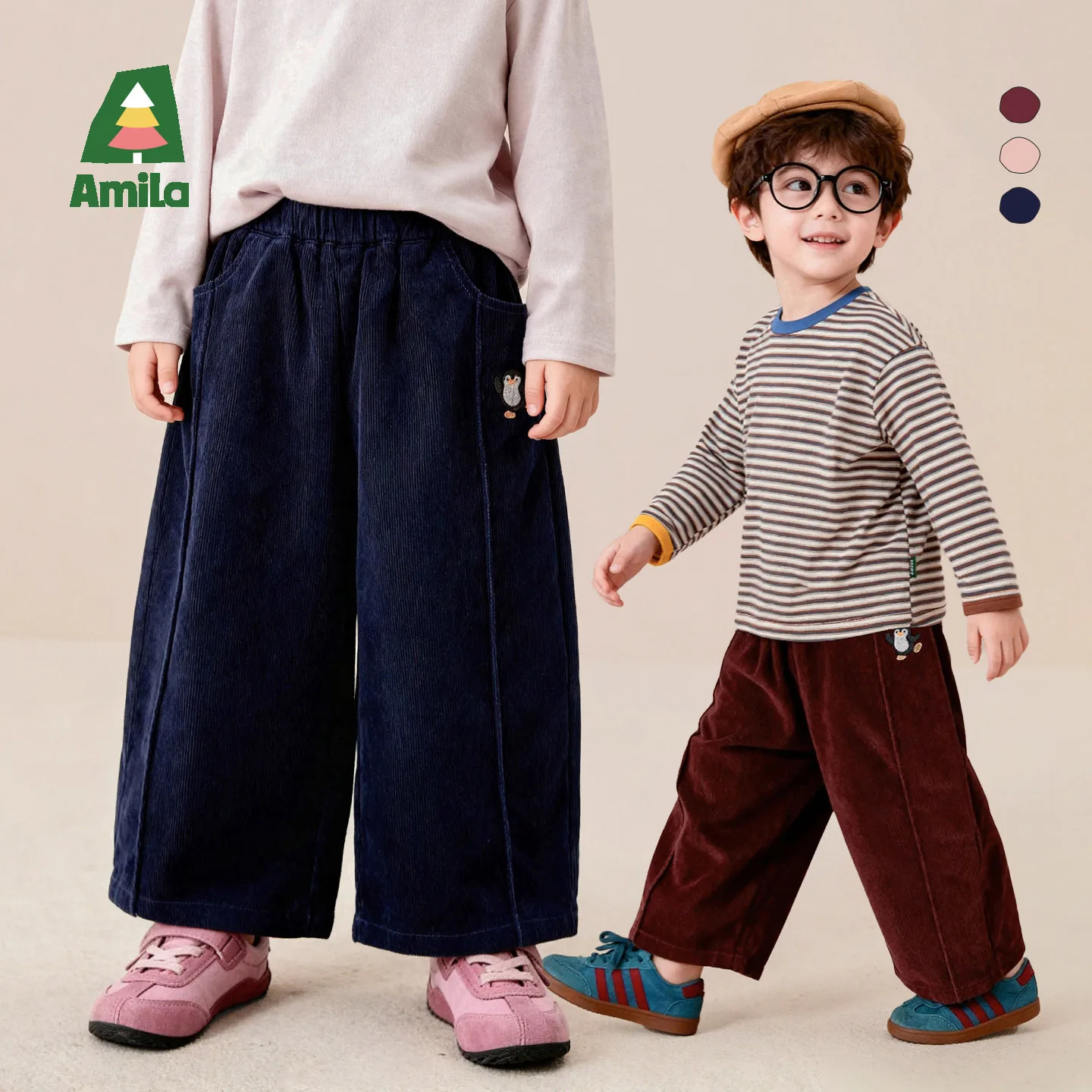Amila 2026 Autumn New Kids Casual Long Pants Side Little Penguin Embellishment Vintage Cute Atmosphere Versatile Pants