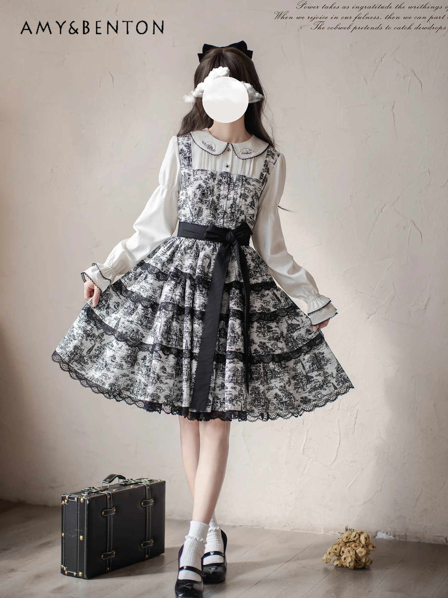 

Original Daily Elegant Graceful Lolita Dress Japanese Retro Printed Peter Pan Collar Lantern Sleeve Slim Dress for Women Spring