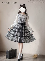 Originale quotidiano elegante grazioso abito Lolita giapponese retrò stampato colletto Peter Pan manica lanterna vestito sottile per le donne primavera