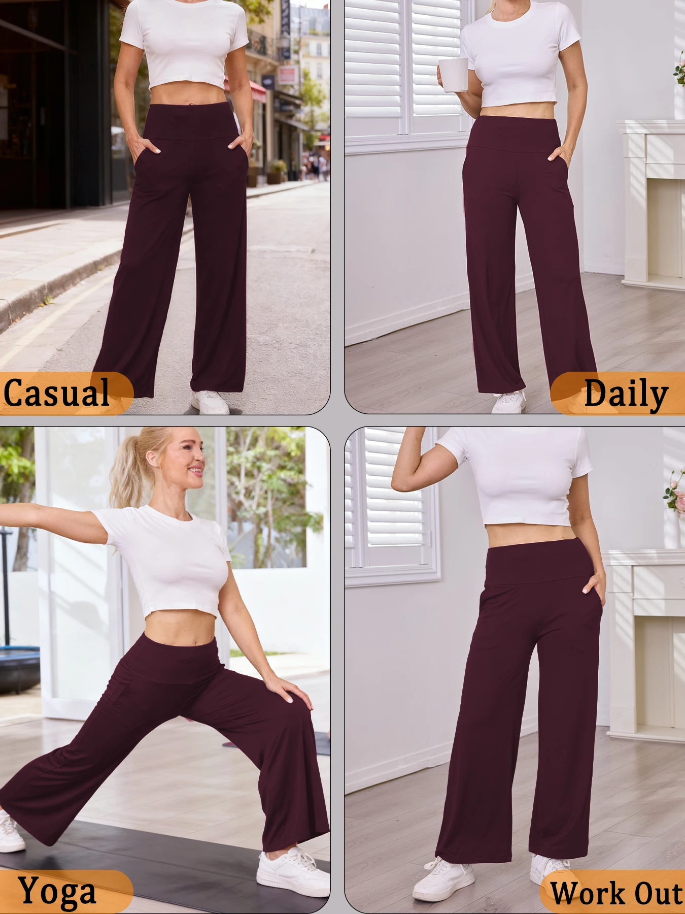 Superweiche Pyjamahose mit hoher Taille für Damen, Hose mit weitem Bein und Taschen für den Heim- oder Außenbereich ﻿