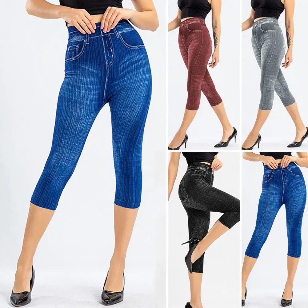 

Women Cropped Jeans Slim Fit High Waist Elastic Striped Slimming Button Zipper Closure Mid-calf Length Pockets Casual Trousers