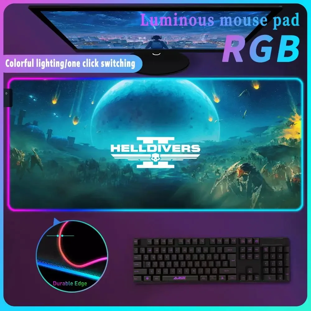 

Large RGB Gamer Mousepad Gaming H_helldivers Mousepads LED Keyboard Mats Luminous Desk Mat Backlit Computer Accessories Mice Pa