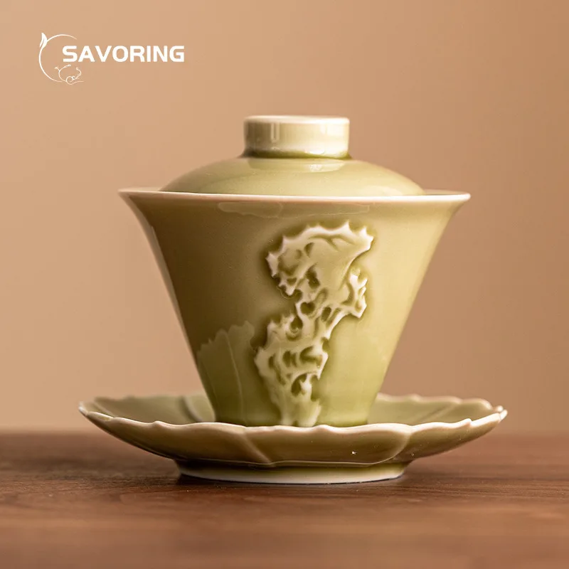 

Yaozhou Kiln Gaiwan, ручная резная чаша для чая, чашка селадона, керамический инструмент, фарфоровая крышка кунг-фу, китайские чашки, набор для питья Chawan