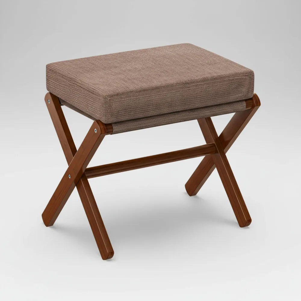 Foldable Foot Stool Ottoman with Bamboo X Legs & Thick Foam Cushion - Space Saving Footrest for Living Room Bedroom Office
