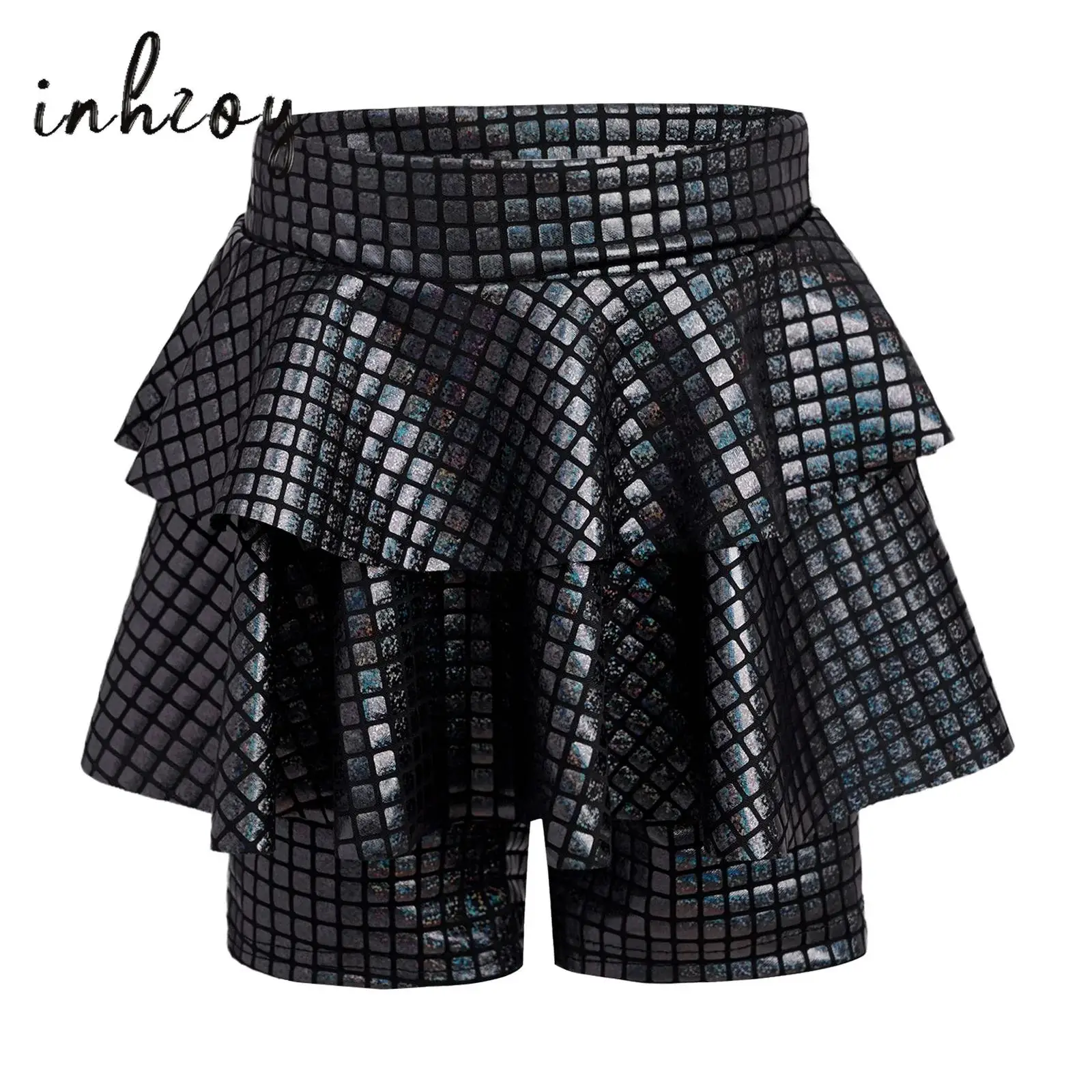 

Kids Girls Shiny Metallic Plaid Dance Skirted Shorts Elastic Waistband Culotte for Cheerleading Jazz Ballet Dance Performance