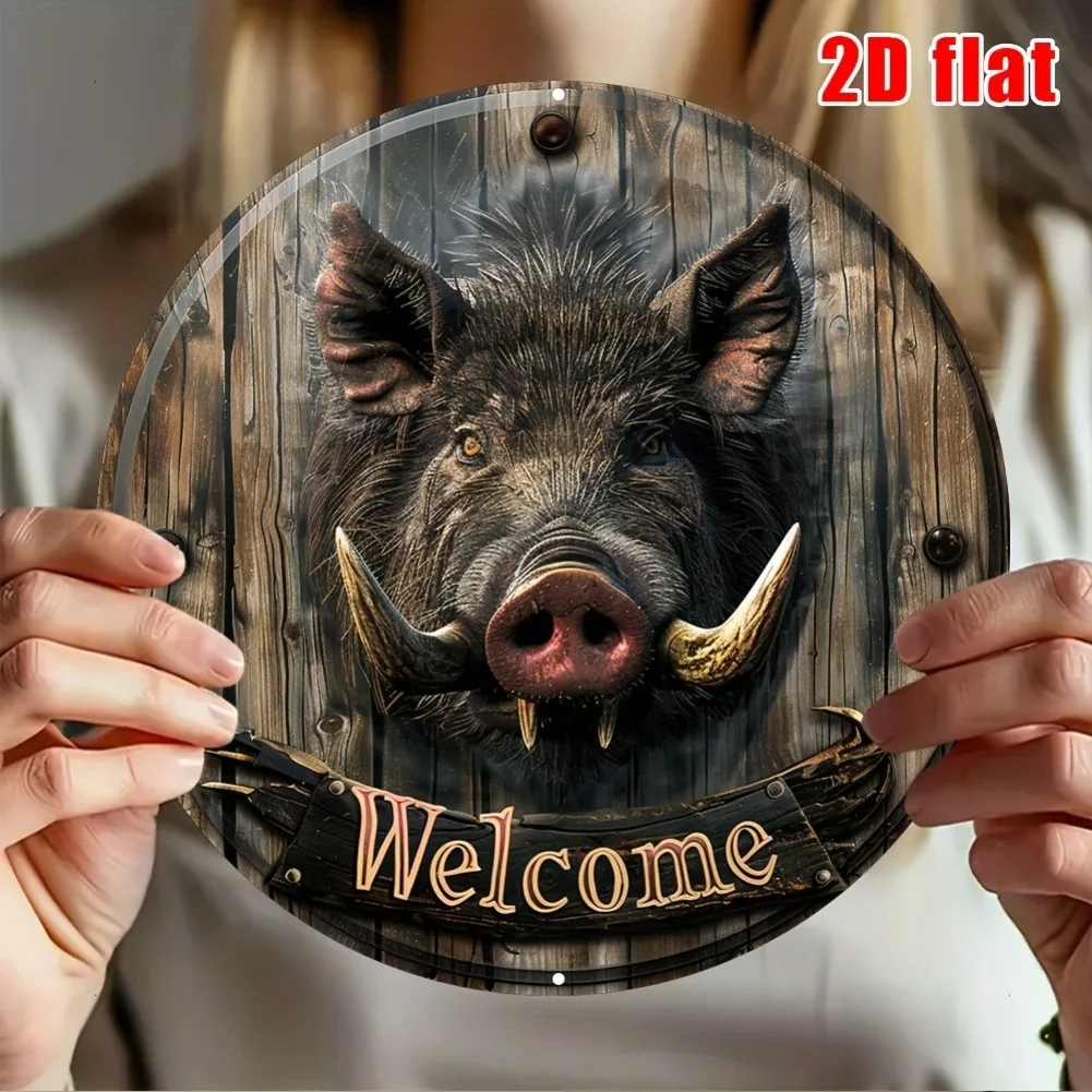 2D Flat Round Aluminum Wild Boar Welcome Plaque - 8x8