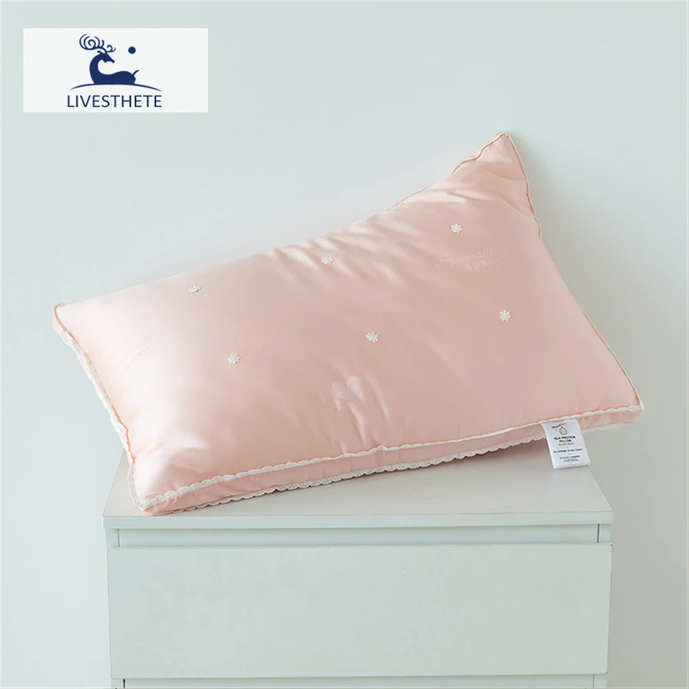 

Liv-Esthete Women Sleep Gift 100% Silk Pink Pillow King Queen Silk Inner Pillow For Sleeping Neck Protection Bed Jacquard Pillow