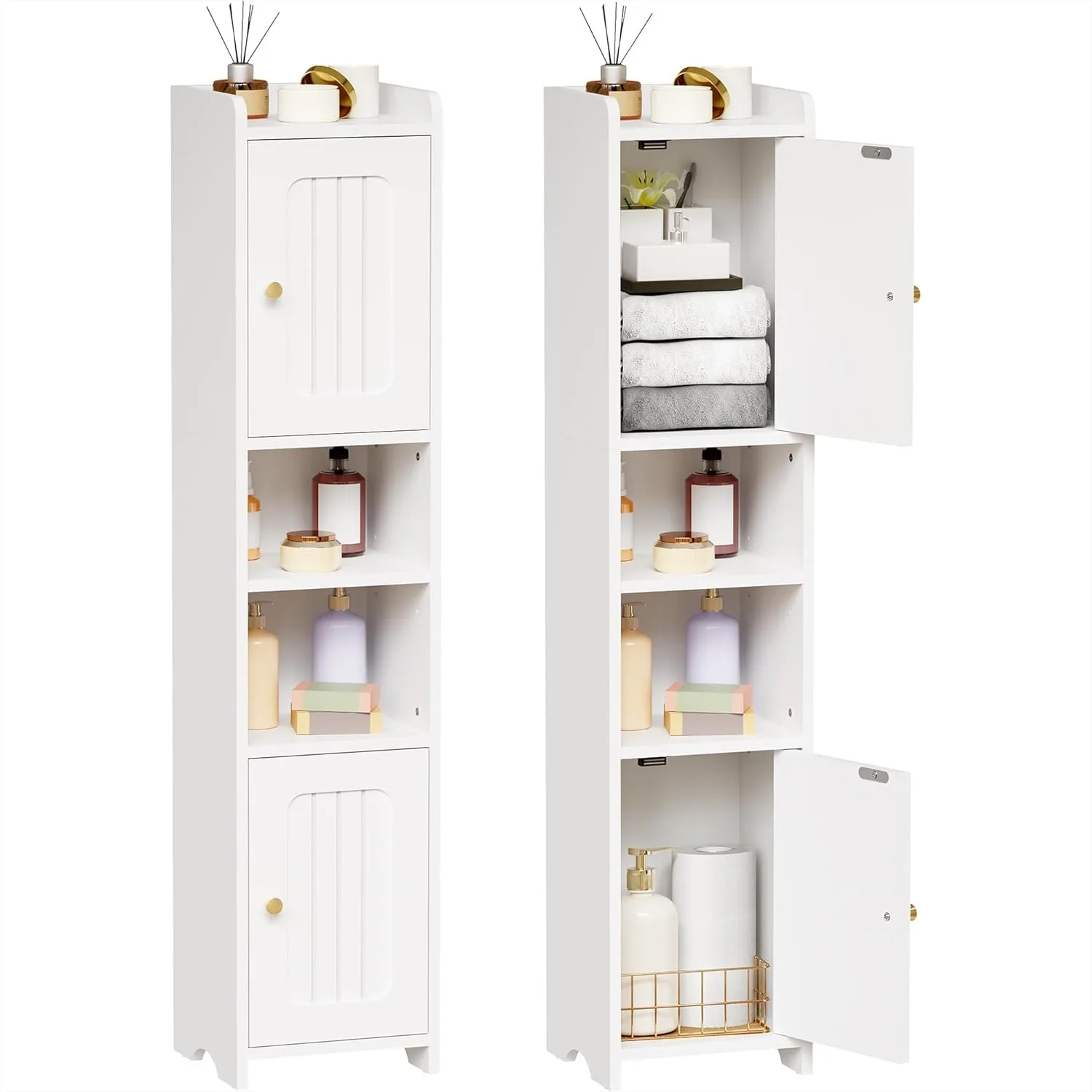 

Slim Bathroom Storage Cabinet Corner Narrow with 2 Doors and Adjustable Shelf Freestanding for Small Spaces, Kitchen, Living