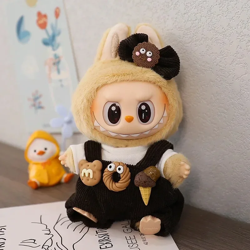 

17cm Labubu Doll Clothing Fashion Hoodie Doll Accessories Dopamine Style Checkered Overalls T-shirt Set Ropa Labubu