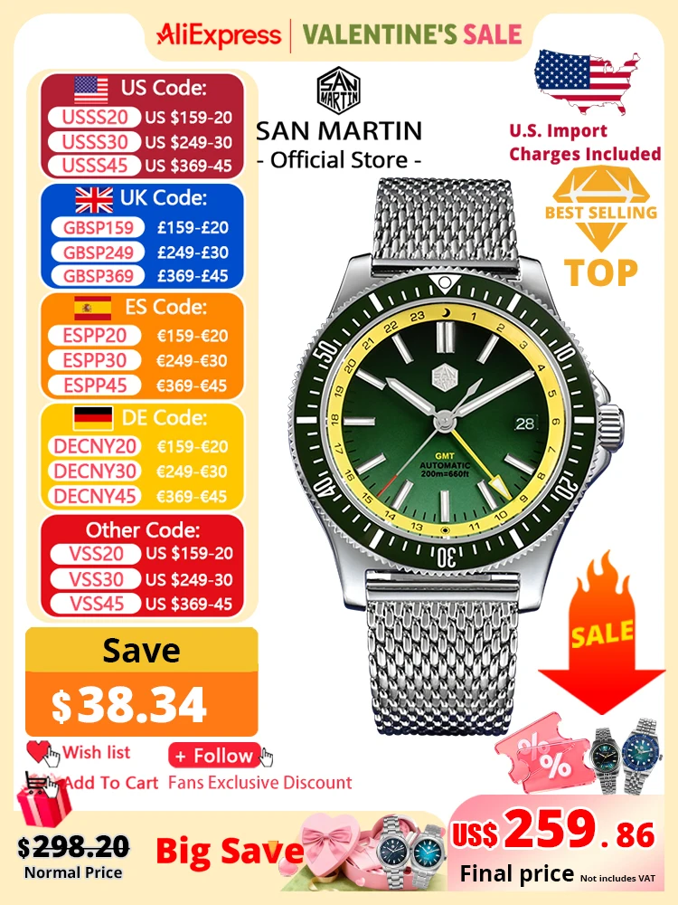 

San Martin Original Design 41mm GMT Dive Watch NH34 Automatic Mechanical Quick Release Bracelet Waterproof 200m Luminous SN0119