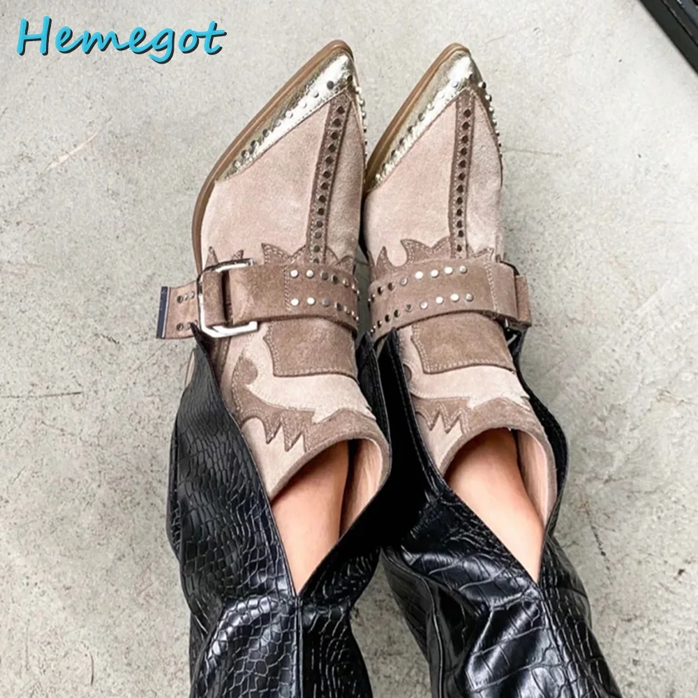 

Pointed Toe Rivet Belt Buckle Ankle Boots Mixed Colors Totem Back Zipper Block Chunky Heel Retro Style Women Shoes Autumn 2023