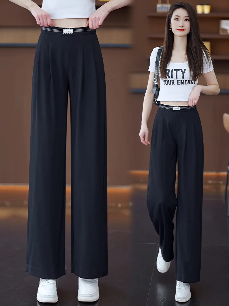 

Black Wide Leg Suit Pants Women's Summer Thin Elastic High Waist Loose Drape Casual Straight Leg Trousers Dream Wisdom Style