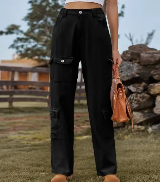 

Women's Jeans Summer New Trend High Street Workwear Style Solid Color Denim Low Waist Multi Pocket Design Straight Leg Jeans