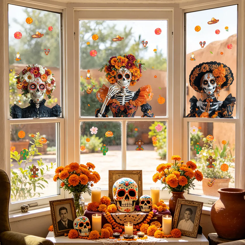 Halloween Day of The Dead Skeleton Memorial Glass Window Stickers Electrostatic Transparent Glass Stickers Window Decoration
