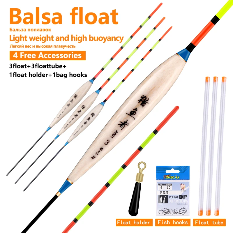 

3pcs/lot Fresh Water Fishing Floats+3pcs Tubes+1 Bag Hooks+1 Buoy Holder Balsa Wood Buoy Ice Fishing Flotador Carp Bobber Tools