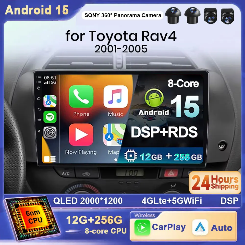 لتويوتا RAV4 2001 2002 2003 2004 2005 أندرويد 15 Carplay راديو السيارة الوسائط المتعددة مشغل فيديو الملاحة GPS 4G WIFI BT DSP DVD #1