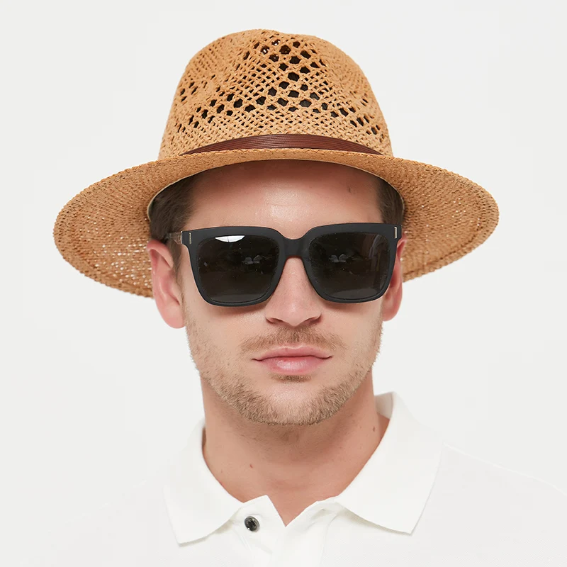 Sombrero Fedora de ala ancha para hombre y mujer, sombrero de paja de playa, tejido exquisito, malla ahuecada, transpirable, fresco, ocio de verano