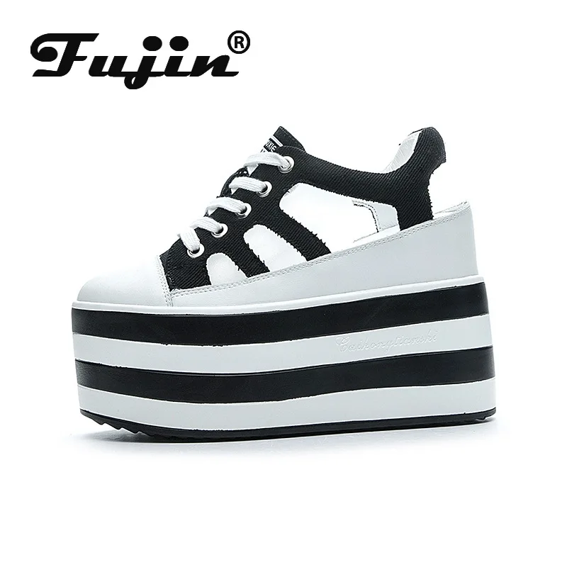 Fujin 12cm Platform Wedge Shoes Sandals for Women Sneakers Summer Shoes Hollow Cut Summer Sneakers Genuine Leather