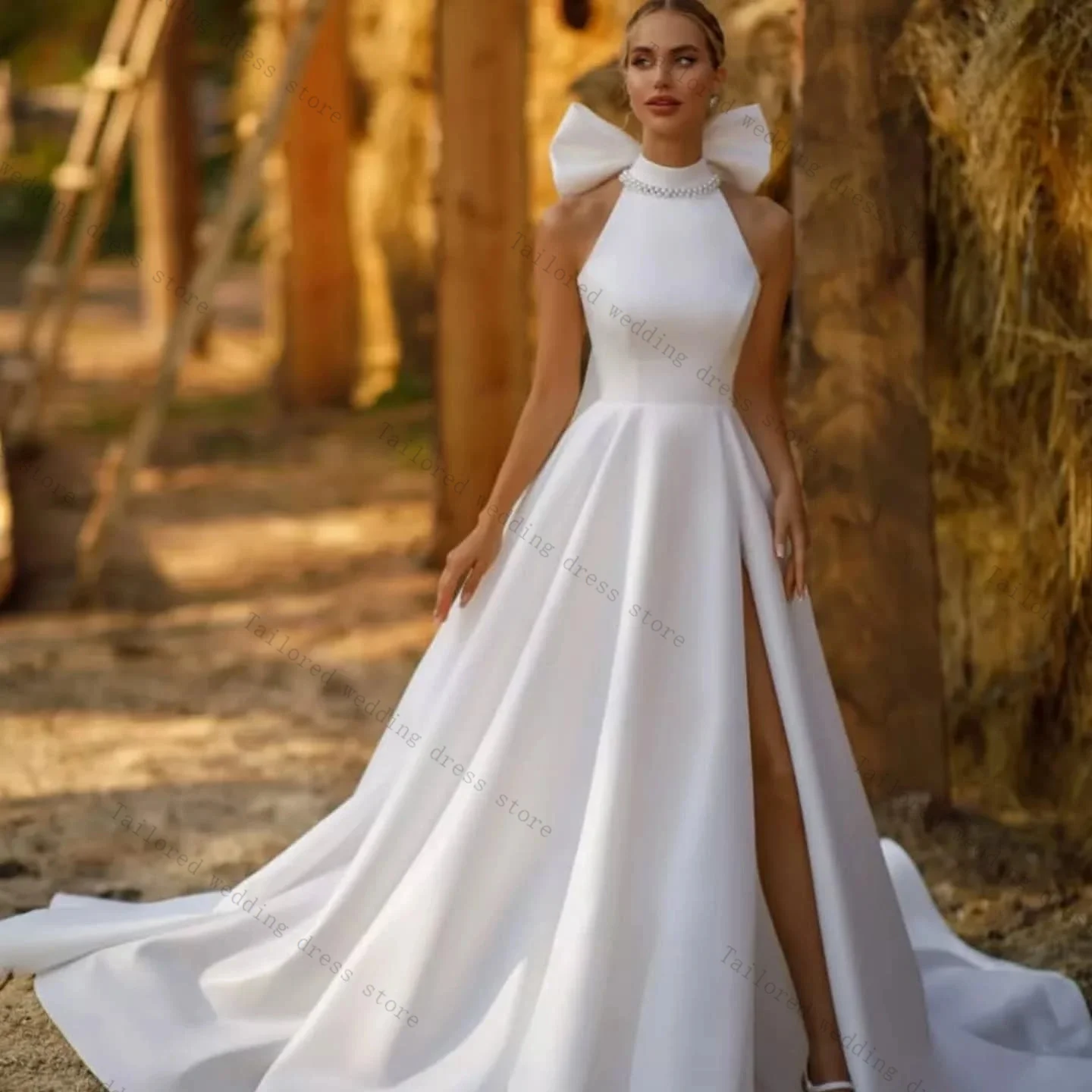 

Luxury Pearls A Line Women Wedding Dresses With Bow Necklace Sexy Sleeveless Bridal Gown Church Customized Lace Up Back Robe