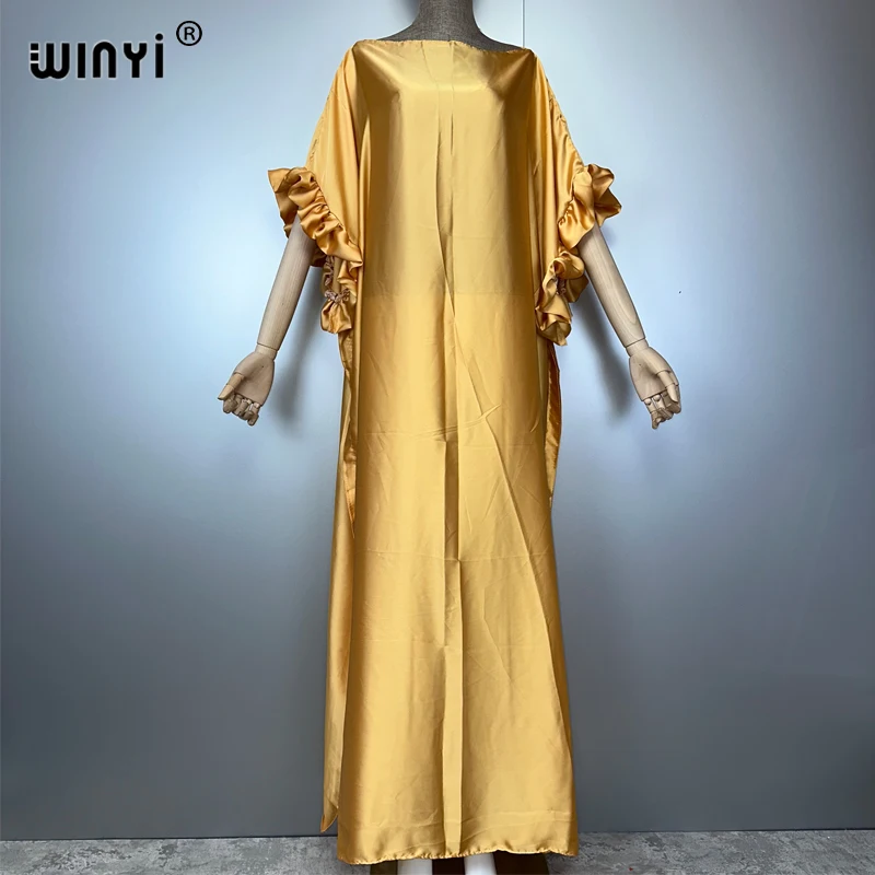 WINYI pure colour Comfortable evening dress dubai luxury Female loose Print kaftan muslim woman clothing holiday beach dress