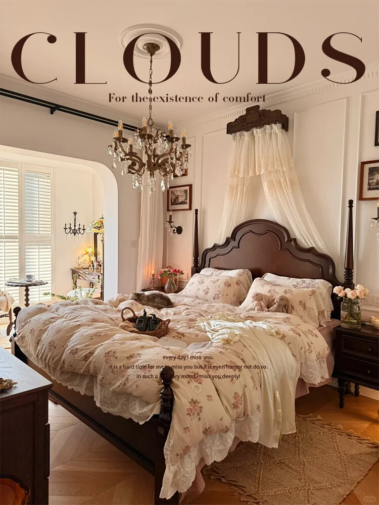 

American retro solid wood bed 1.8m French medieval master bedroom light luxury double bed modern simple 1.5m Anna bed