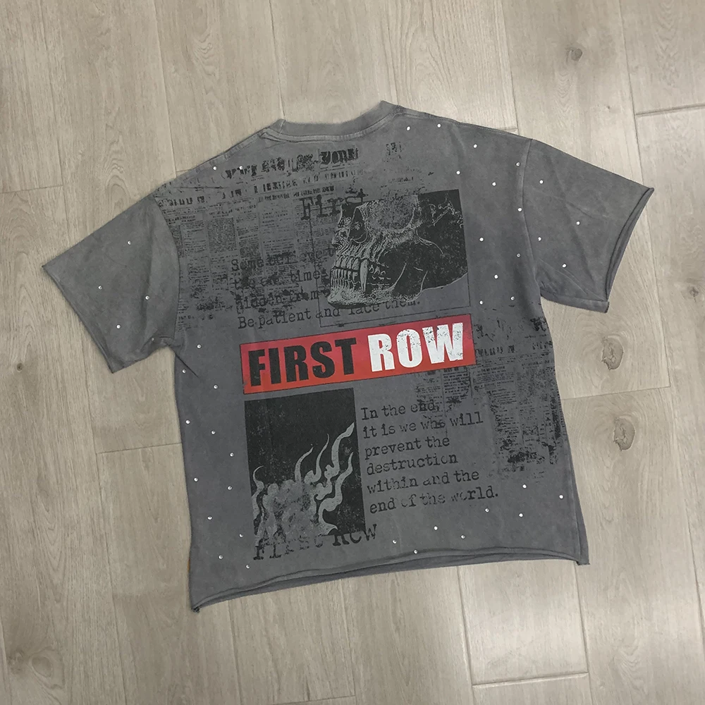 Streetwear Vintage Washed Diamond Cropped Tee for Men Crew Neck Short Sleeve Loose Cotton Rhineston Tshirts Oversized image 6