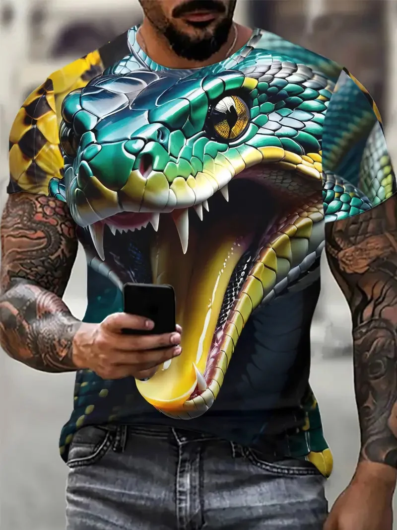 

Fashion 3D Snake Printed T Shirt for Men Funny Animal Pattern Oversized T-Shirt Summer Hip Hop Trend Clothing Casual O-Neck Tops