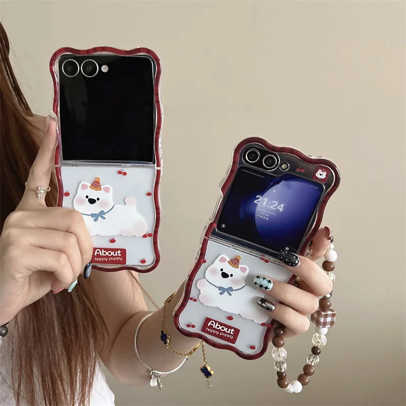 

Cute Cartoon Cherry Puppy Phone Case For Samsung Galaxy Z Flip 7 6 5 4 3 ZFlip6 ZFlip5 Protective Cover with Chain Cases