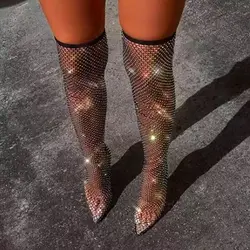 European and American plus size over-the-knee boots women's summer full rhinestone pointed toe high heel long high sock boots