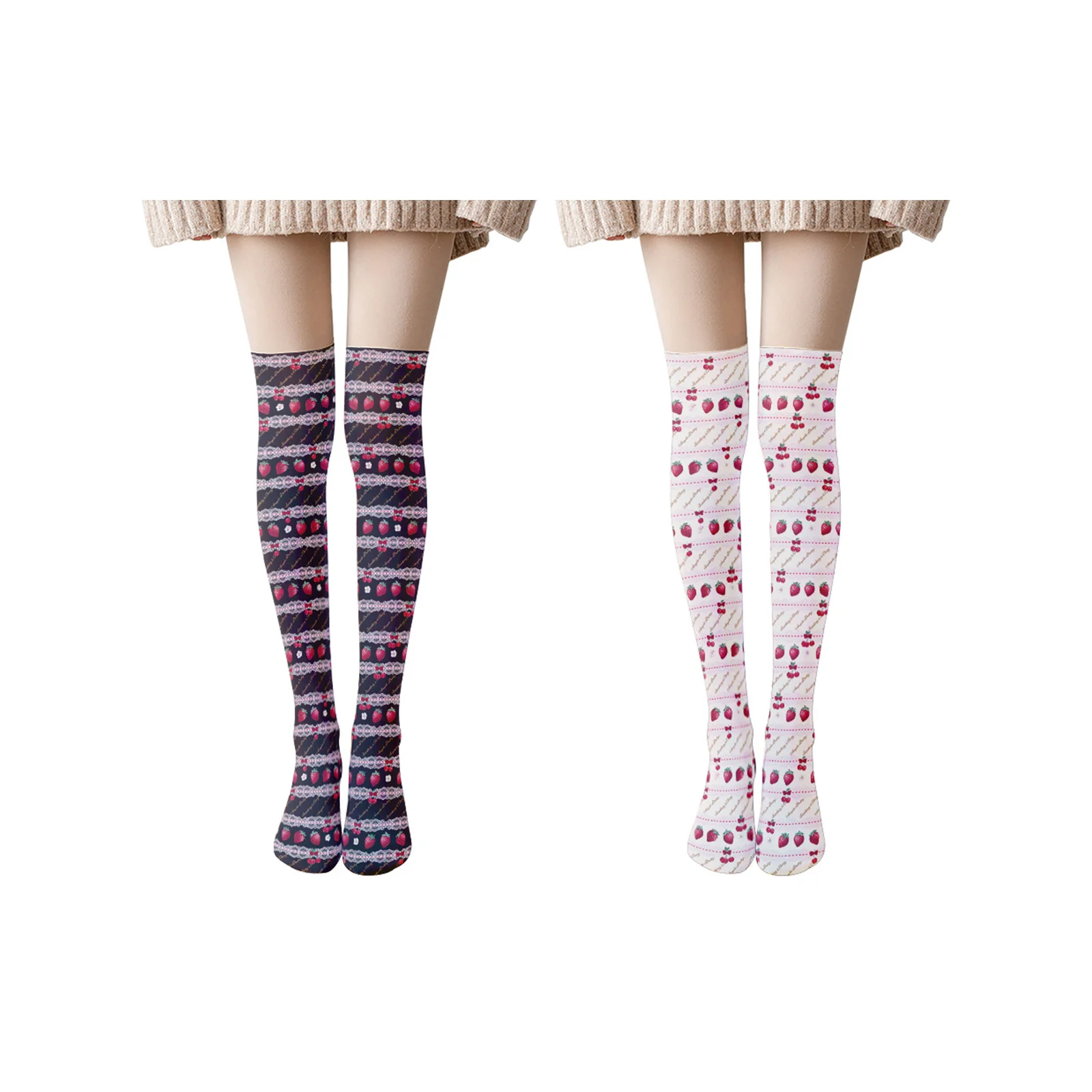 

Комбинированный комплект чулок выше колена с принтом клубники, стиль 1 + стиль 3