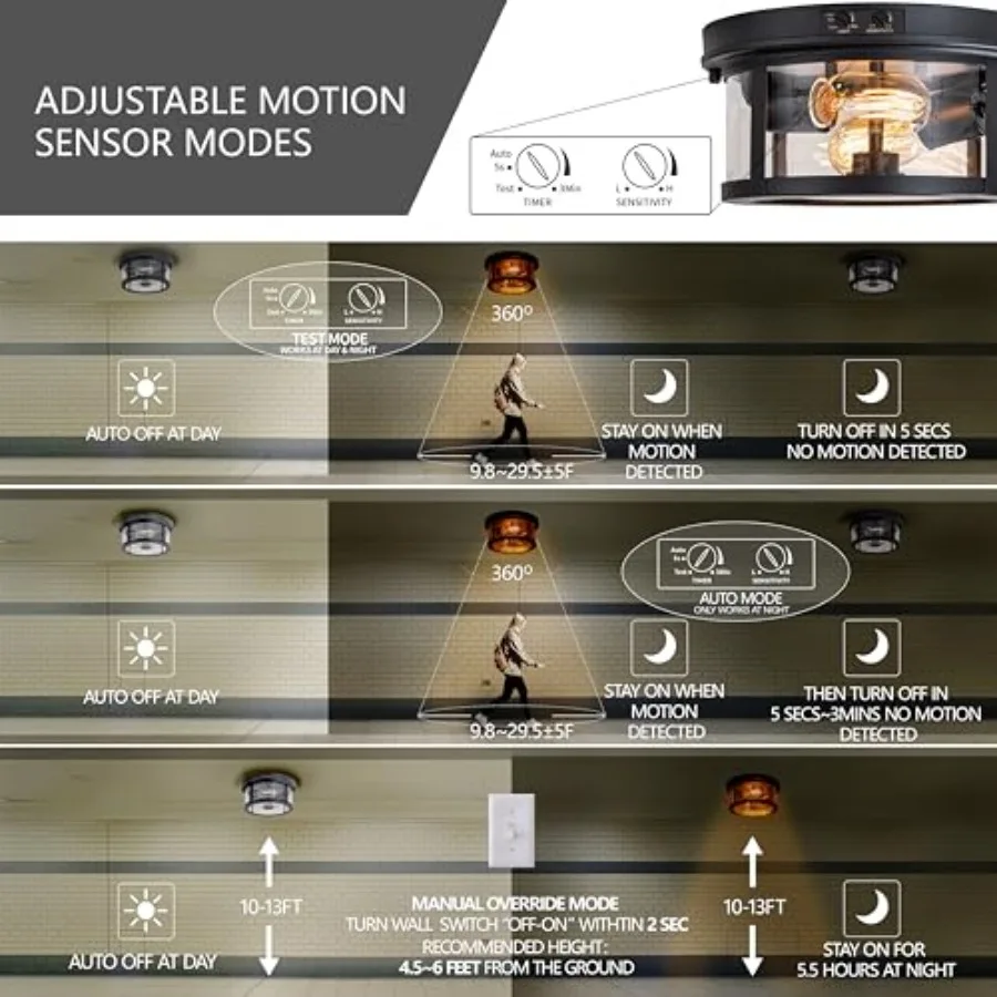 Flush Mount Outdoor Ceiling Light with Motion Sensor, Front Porch Light Ceiling Mount, Adjustable Sensor 2-Light Black Ceiling