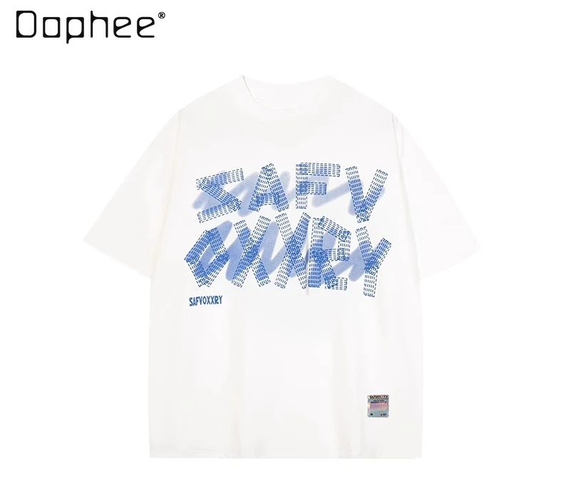 

2025 Summer Letter Print Round Neck Men's Black Green Blue Short Sleeve T-Shirt Versatile Loose Casual Purple White Pink Top