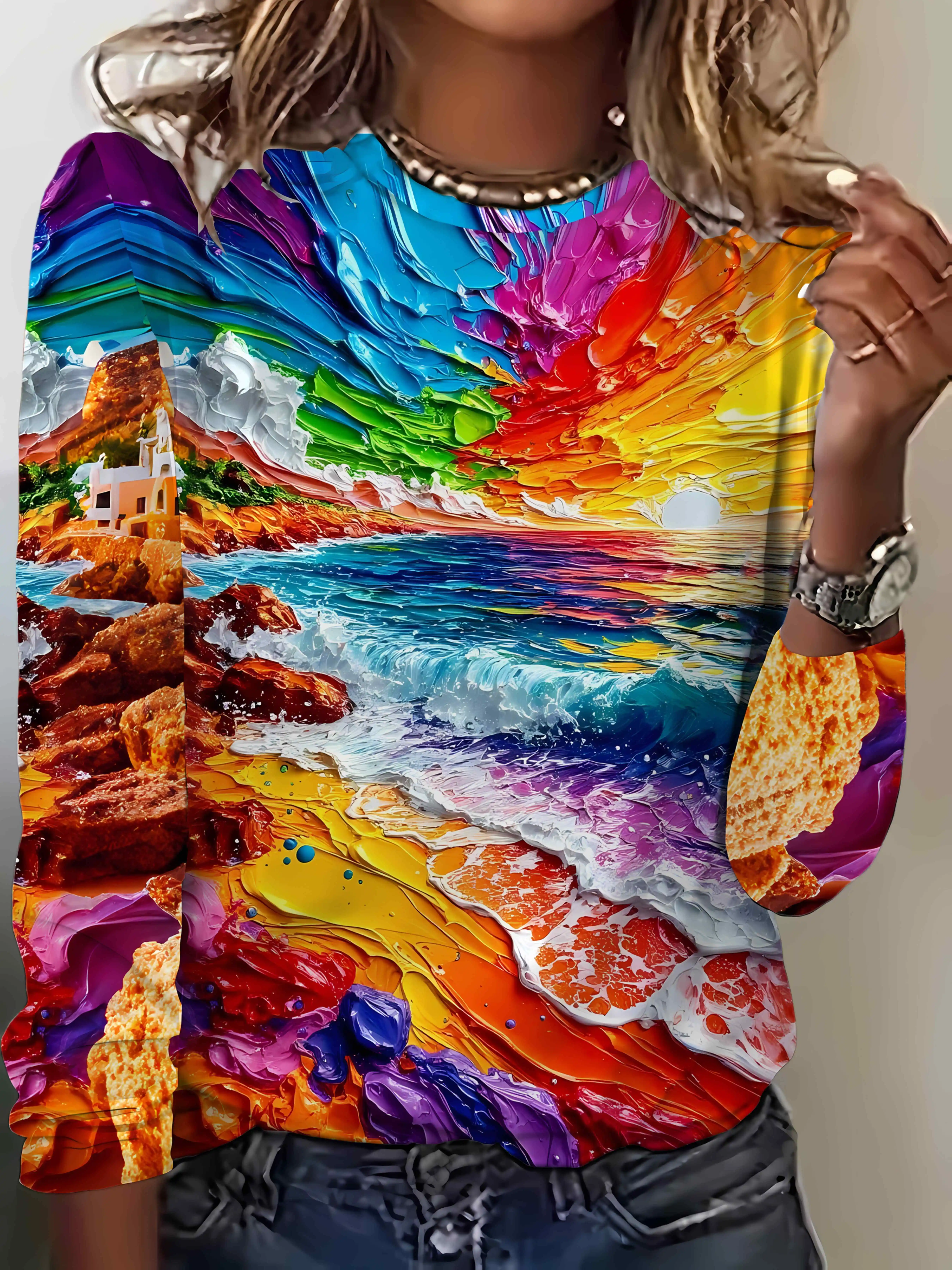 Women's Oil Painting Print Sweatshirt Colorful Seascape Sunset Ocean Wave Long Sleeve Crew Neck Casual Pullover Artistic Top