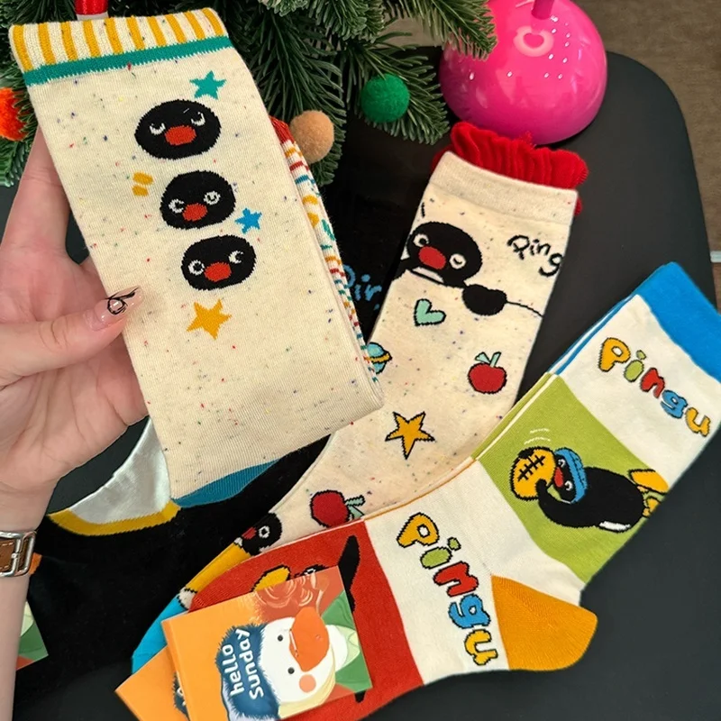 New 3/4 Pairs Pingu Medium Length Socks Women Cartoon Autumn Winter Casual Breathable Soft Fashionable Kawaii Girls Socks Gifts