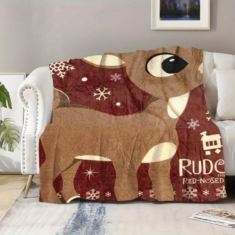 Rudolph Red-Nosed Deer Flannel Blanket Digital Print Year-Round Comfortable Knitted Polyester Festive Christmas Deer Design