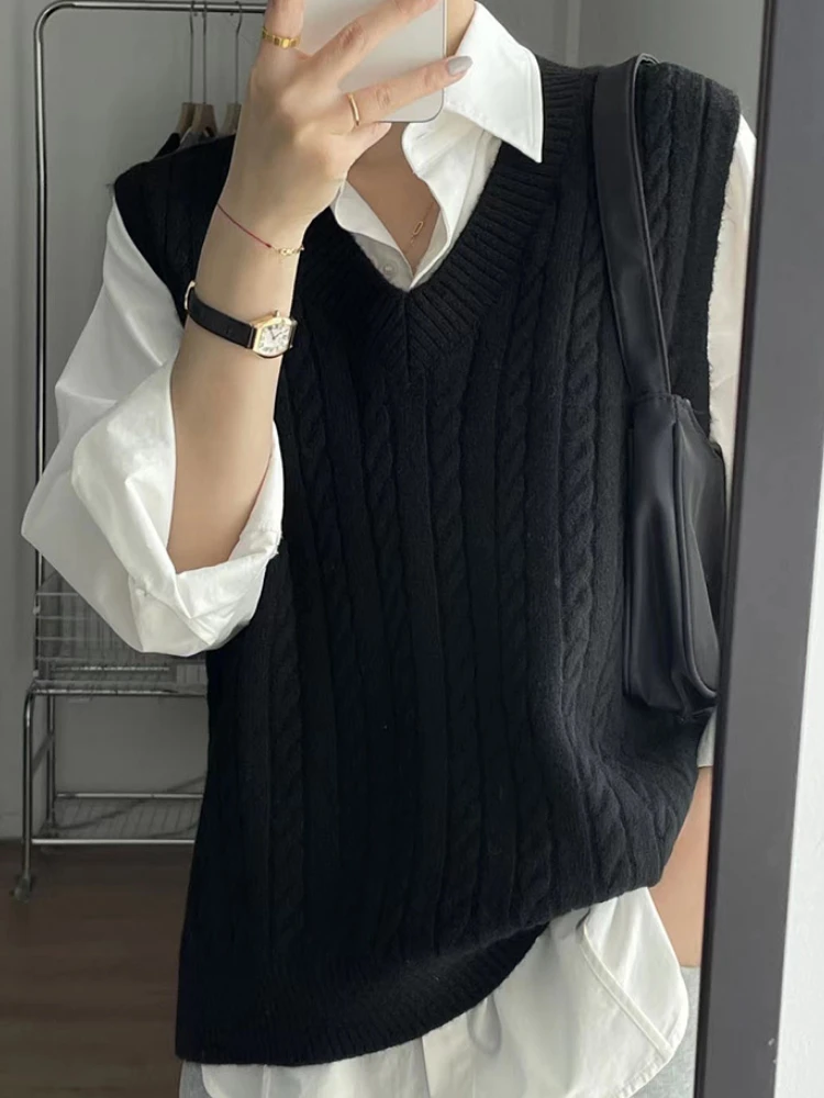 Traf Sweater Cardigan Sleeveless Women Top Solid Sweater Knitted Vest Commuter Style Clothes Preppy Look Autumn Winter Woolly