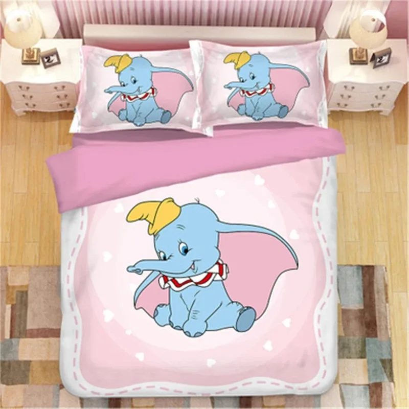 Kawaii Dumbo Flying Duvet Cover Pillowcase Bedding Set Cute Dumbo Cartoon Animation Home Dormitory Room Decoration Girl Gift