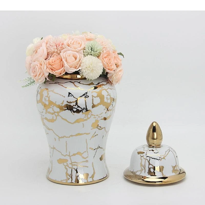 Gold Plated Marble Texture General Jar with Lids Ceramic Flower Arrangement Desk Decoration Jewelry Jars Cosmetic Containers