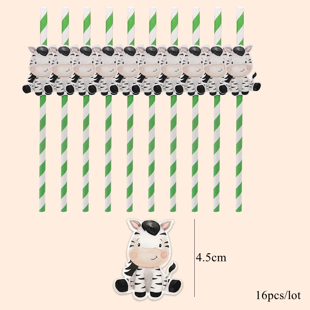 16 Stuks Karton Wild Dier Rietjes Eco Papier Rietjes Voor Kinderen Baby Douche Jungle Safari Gelukkige Verjaardag Feestdecoraties