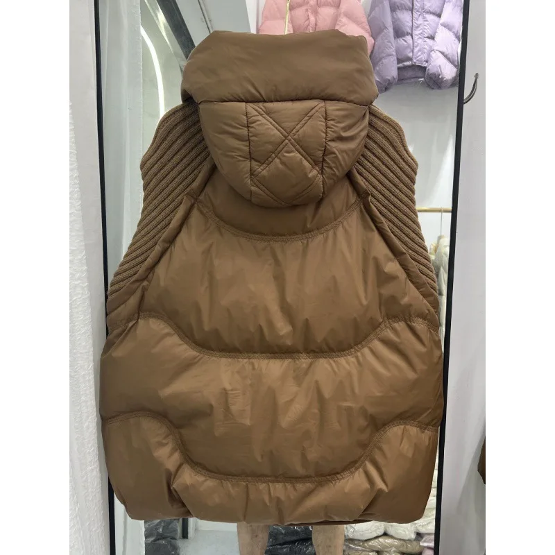 Women's Autumn Winter New Down Jacket Vest Short Hooded Thicken Knitted Wool White Duck Down Waistcoat Outerwear Sleeveless Top