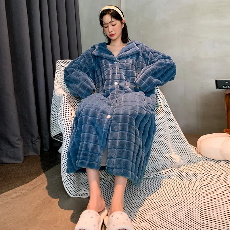 2022 Blue Flannel Winter Robes Double Layer Nightgown Women Warm Plaid Sleepdress Kimono Bath Gown Coral Fleece Thick Bathrobe