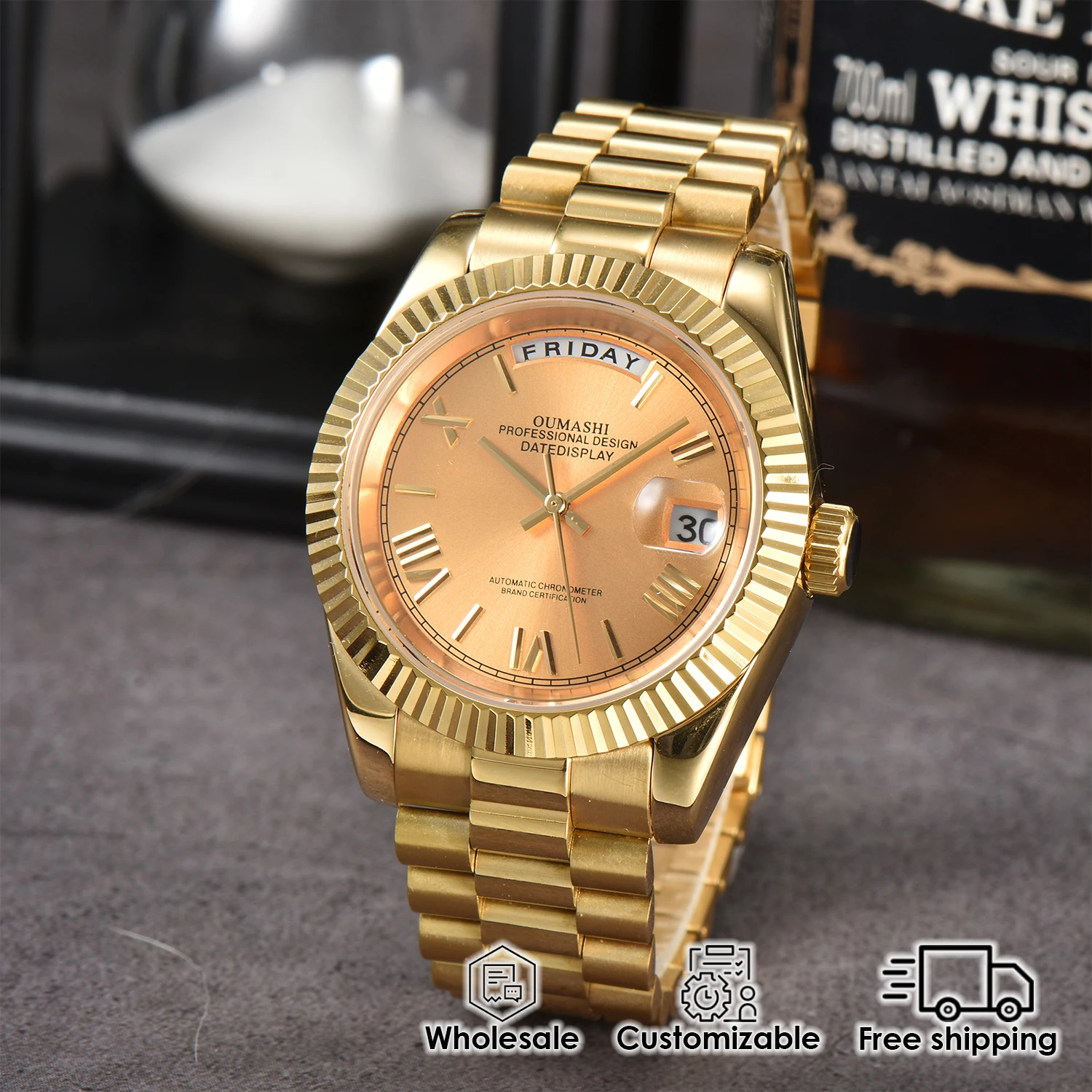 39mm luxury gold men's watch MIYOTA8285 automatic mechanical movement date/week display sapphire glass business watch
