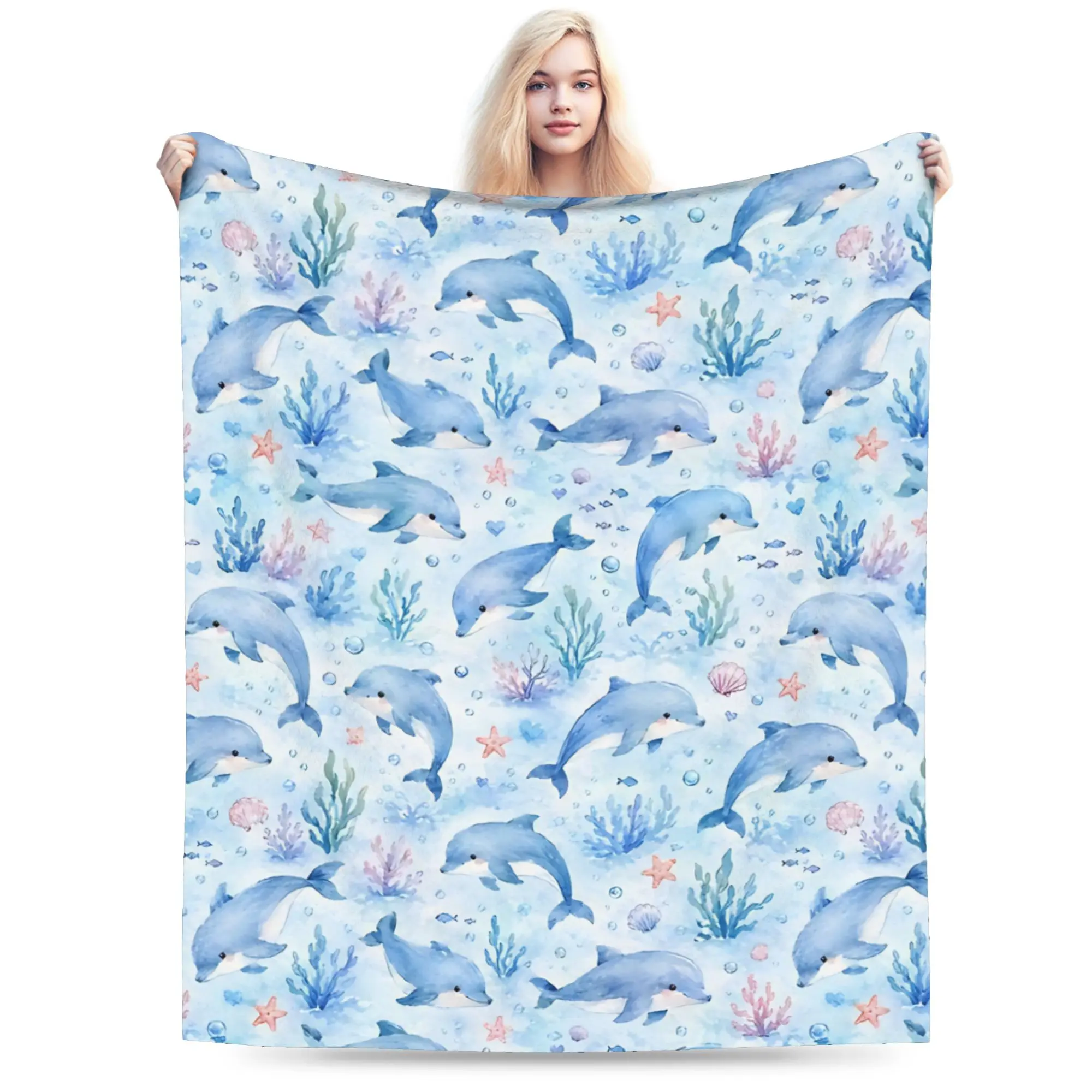 Funny Dolphins Watercolor Super Soft Blankets  Kids Plush Bedding Throws Print Living Room Flannel Bedspread Sofa Bed Cover