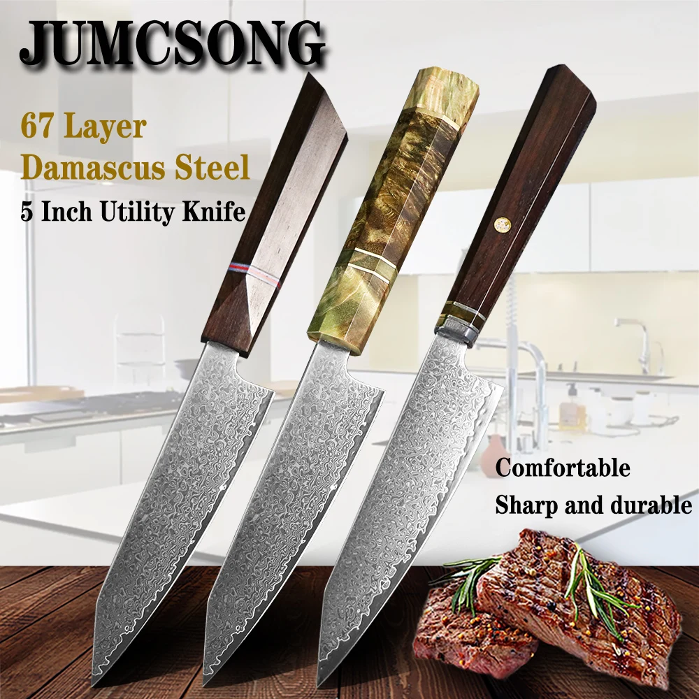 

JUMCSONG VG10 Damascus Steel 5 Inch Utility Knife Professional Kitchen Cooking Fruit Chef EDC Tool Knife