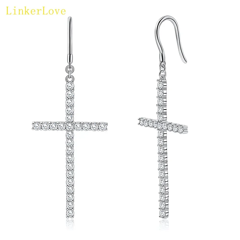 

LinkerLove S925 Silver Cross Pendant Stud Earrings D Color Full Moissanite Earrings for Women Valentine's Day Gift Fine Jewelry