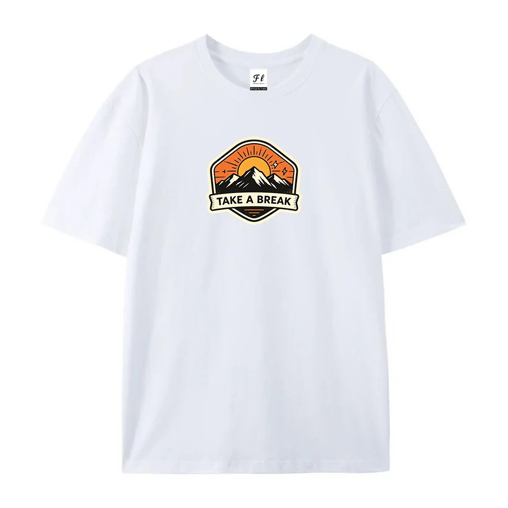 Take A Break Badge Graphic T‑Shirt Retro Outdoor Hiking Print Crew Neck Cotton Fashion Trendy Casual Short‑Sleeve Nature Lover