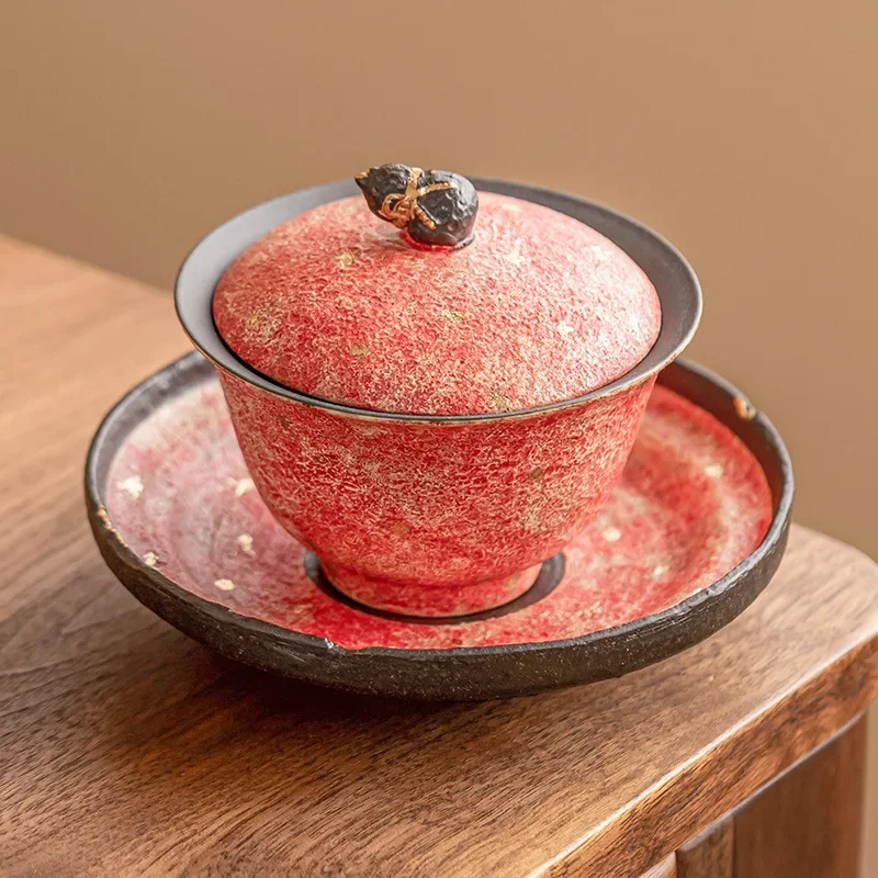 Rock Mine Colored Pottery Sancai Covered Bowl Sprinkled Tea Bowl with Cover Light Luxury High-looking Tea Bowl Large Tea Cup