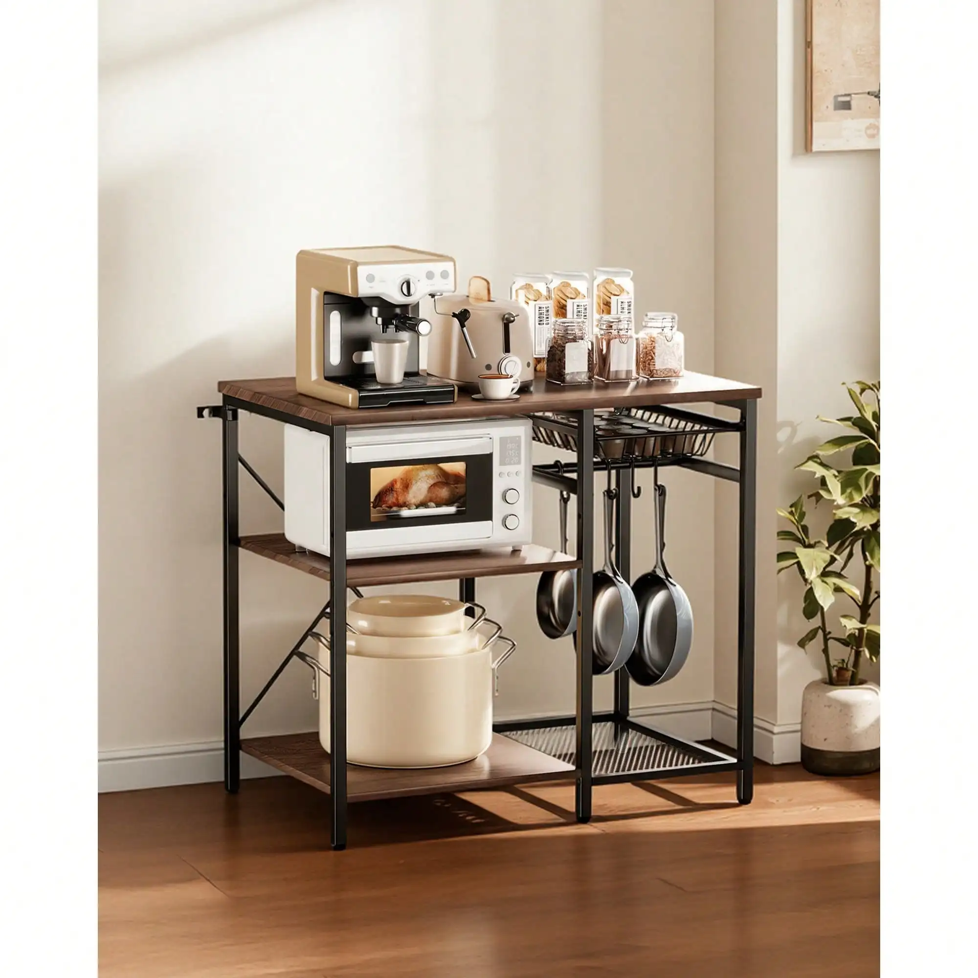 Kitchen Bakers Rack, 35.4 Inch Width Bakers Rack, Kitchen Stand With X-Shaped Support Bar, 5 S-Shaped Hooks
